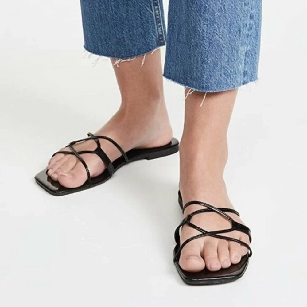 Jeffrey Campbell Addison Sandals Black Patent 100% Leather Square toe slide
